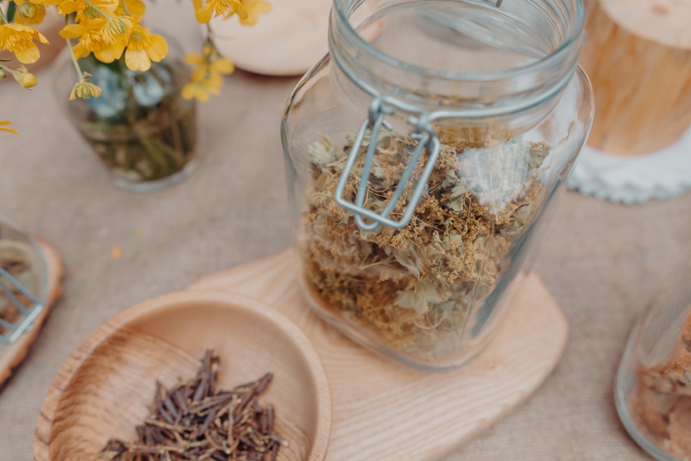 Dried Alchemilla grass in a glass jar