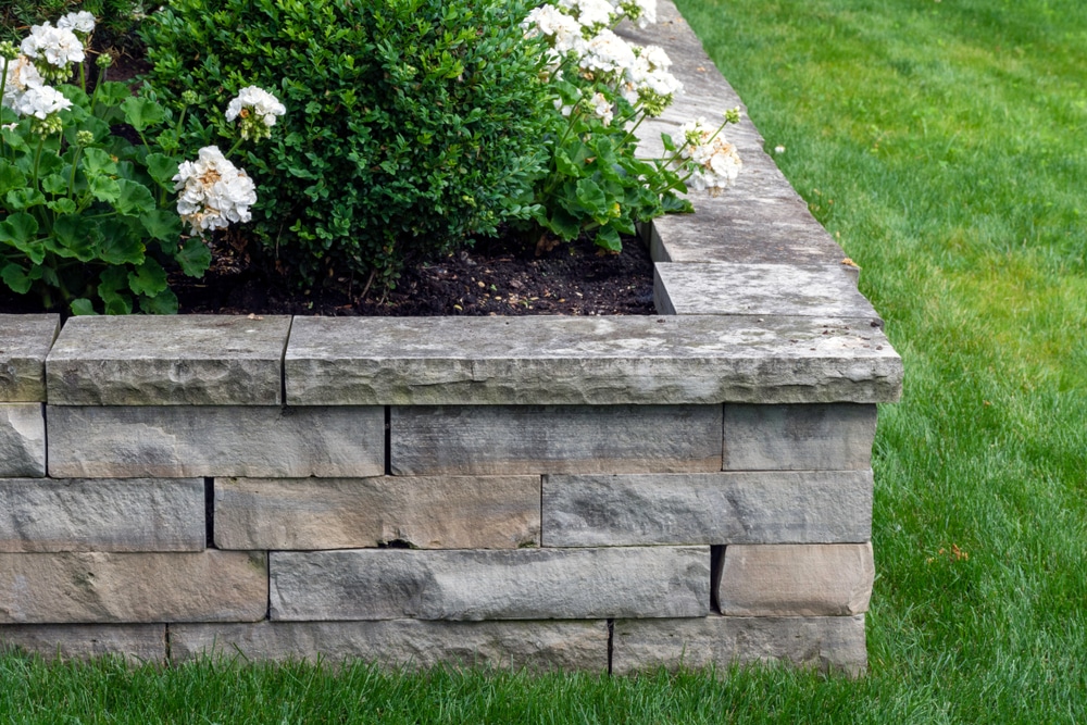 A natural stone retaining wall with plants growing from the top and lawn in the background