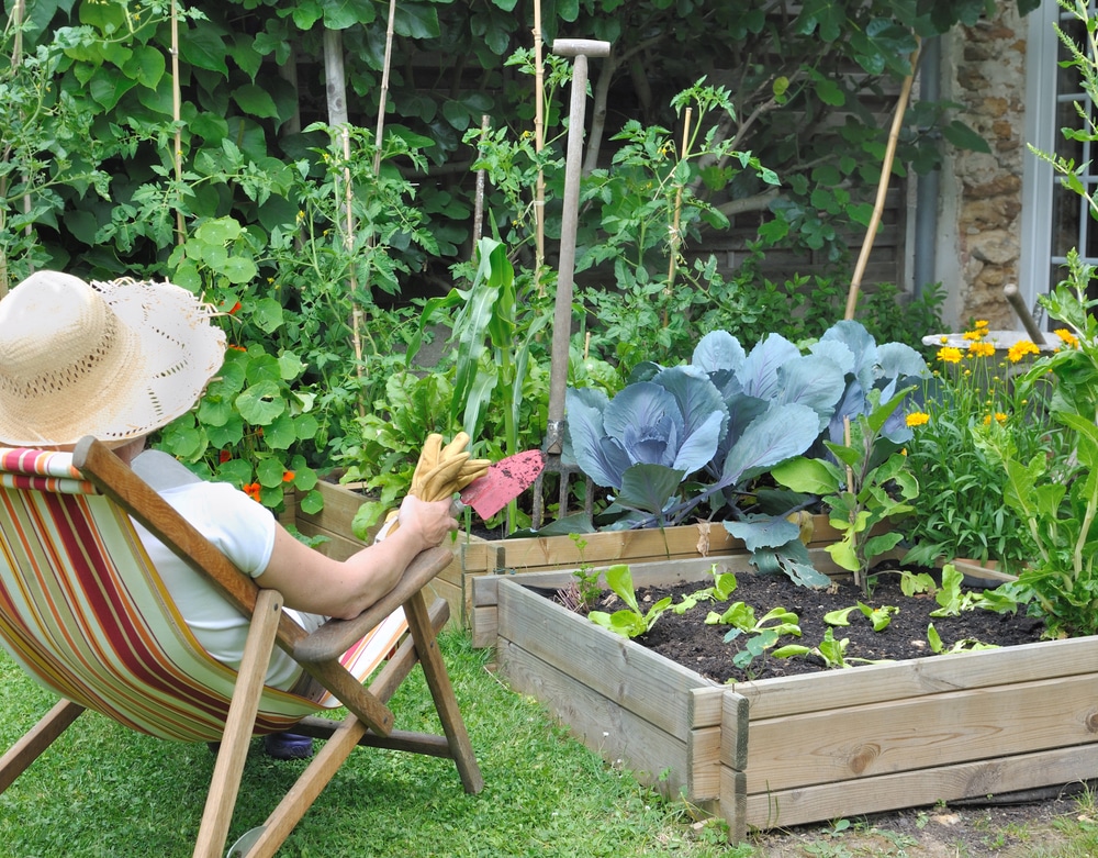 woman in lounge chair next to a vegetable patch